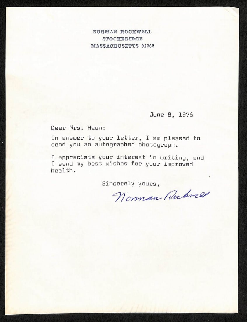 Norman Rockwell Signed Typed Letter June 8 1976 PSA/DNA LOA: Norman Rockwell Signed Typed Letter June 8 1976 PSA/DNA LOA This original typed letter signed (TLS) by the renowned American illustrator Norman Rockwell is dated June 8, 1976, and is printed on his pe