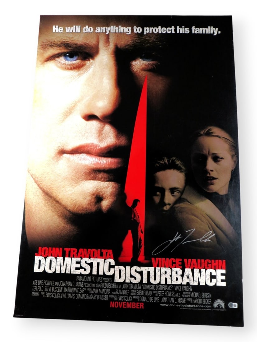 John Travolta Signed 27X40 Poster Domestic Disturbance Beckett Authenticated: John Travolta Signed 27X40 Poster Domestic Disturbance Beckett Authenticated This is an original 27X40 poster of John Travolta from the film Domestic Disturbance, autographed by the star himself. The