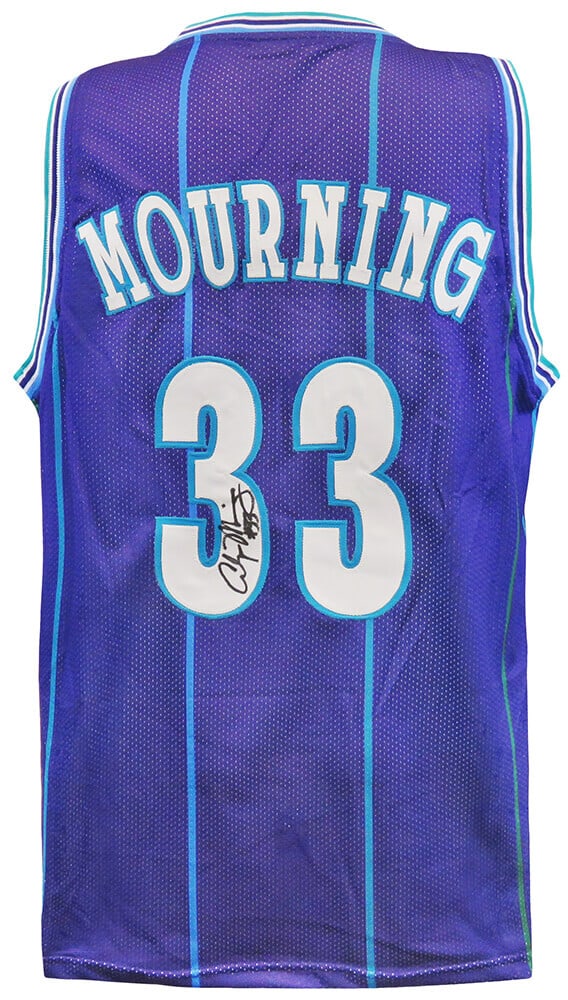 Alonzo Mourning Signed Purple Throwback Jersey Charlotte Hornets with COA: Alonzo Mourning Signed Purple Throwback Jersey Charlotte Hornets with COA This is an original Alonzo Mourning signed purple throwback custom basketball jersey, representing the Charlotte Hornets. The