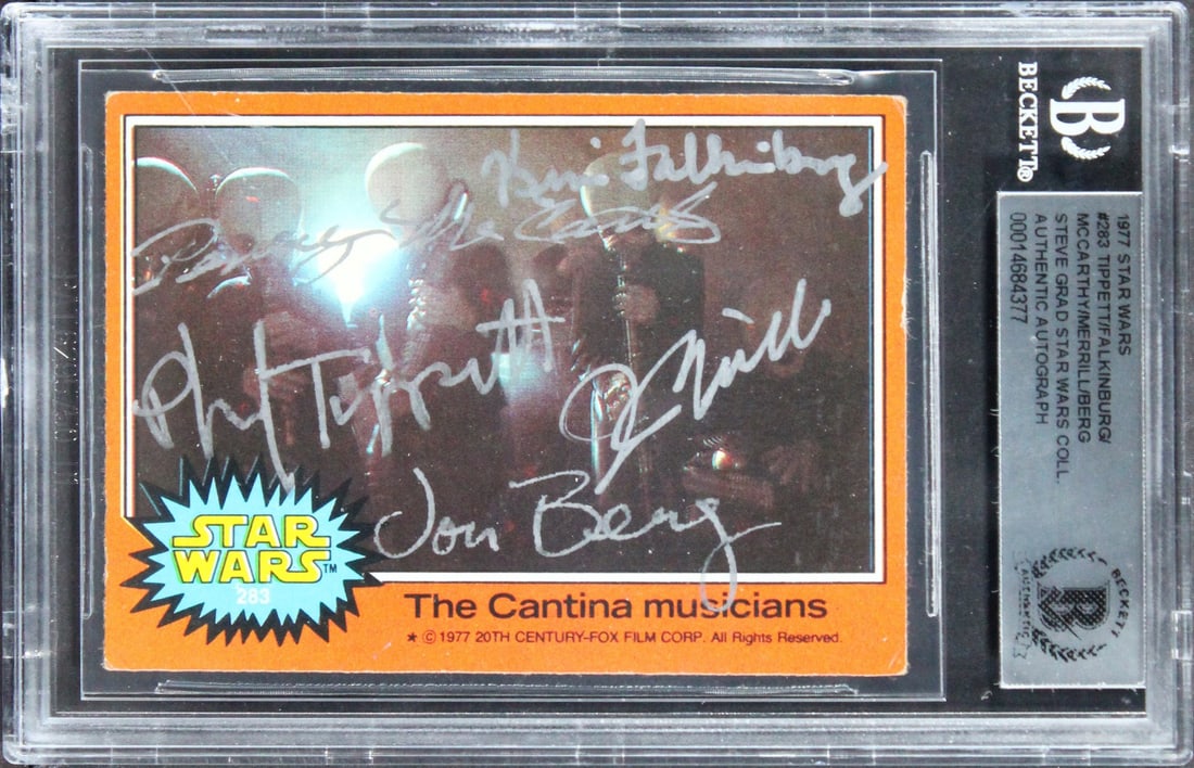 Beckett Authenticated 1977 Star Wars Card Signed by Tippett McCarthy Merrill Berg Fa: Beckett Authenticated 1977 Star Wars Card Signed by Tippett McCarthy Merrill Berg Fa This 1977 Star Wars #283 trading card has been personally signed by Phil Tippett, Penny McCarthy, Jon Berg, Jibralt