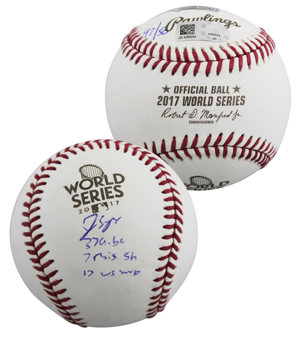 George Springer Autographed 2017 WS Limited Edition #47/50 Baseball with Inscriptions: George Springer Autographed 2017 WS Limited Edition #47/50 Baseball with Inscriptions Celebrate the Houston Astros' triumph with this autographed 2017 World Series Manfred Oml Limited Edition Baseball