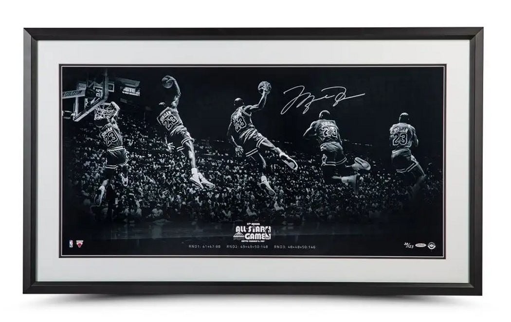 Michael Jordan Signed 18x36 Framed Photo Limited Edition Bulls: Michael Jordan Signed 18x36 Framed Photo Limited Edition Bulls Celebrate the legendary career of Michael Jordan with this exquisite framed 18" x 36" photo, capturing the iconic "Kiss the Rim" moment.
