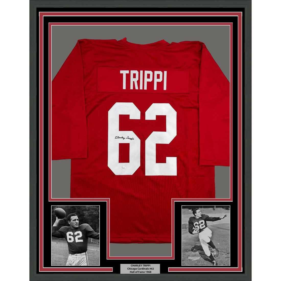 Charley Trippi Signed Arizona Cardinals Red Jersey Framed 35x39 JSA Authenticated: Charley Trippi Signed Arizona Cardinals Red Jersey Framed 35x39 JSA Authenticated This framed display features a Charley Trippi Arizona Cardinals red jersey, autographed by Charley Trippi. The jersey