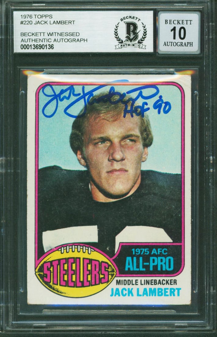 Jack Lambert Signed 1976 Topps RC Card HOF 90 Graded Gem Mint 10 BAS: Jack Lambert Signed 1976 Topps RC Card HOF 90 Graded Gem Mint 10 BAS This 1976 Topps #220 rookie card featuring Jack Lambert of the Pittsburgh Steelers is a remarkable collectible for any football fan