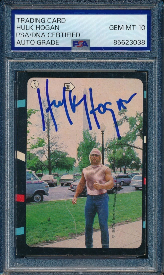 1985 WWF Hulk Hogan Autographed Sticker #9 PSA/DNA GEM-MT 10: 1985 WWF Hulk Hogan Autographed Sticker #9 PSA/DNA GEM-MT 10 This is a remarkable piece for wrestling fans: a 1985 WWF Hulk Hogan Signed/Autographed On Card Sticker #9. Authenticated by PSA/DNA, this