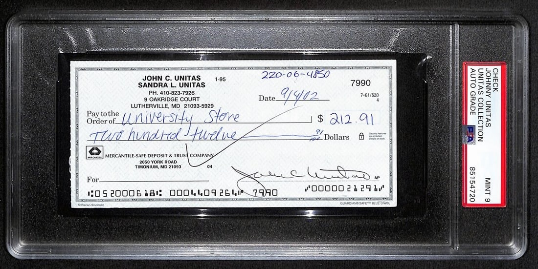 Johnny Unitas Signed Check PSA/DNA MINT 9 Baltimore Colts: Johnny Unitas Signed Check PSA/DNA MINT 9 Baltimore Colts This is an original, authenticated Johnny Unitas signed cancelled check dated September 4, 2002. The check, associated with the legendary quar