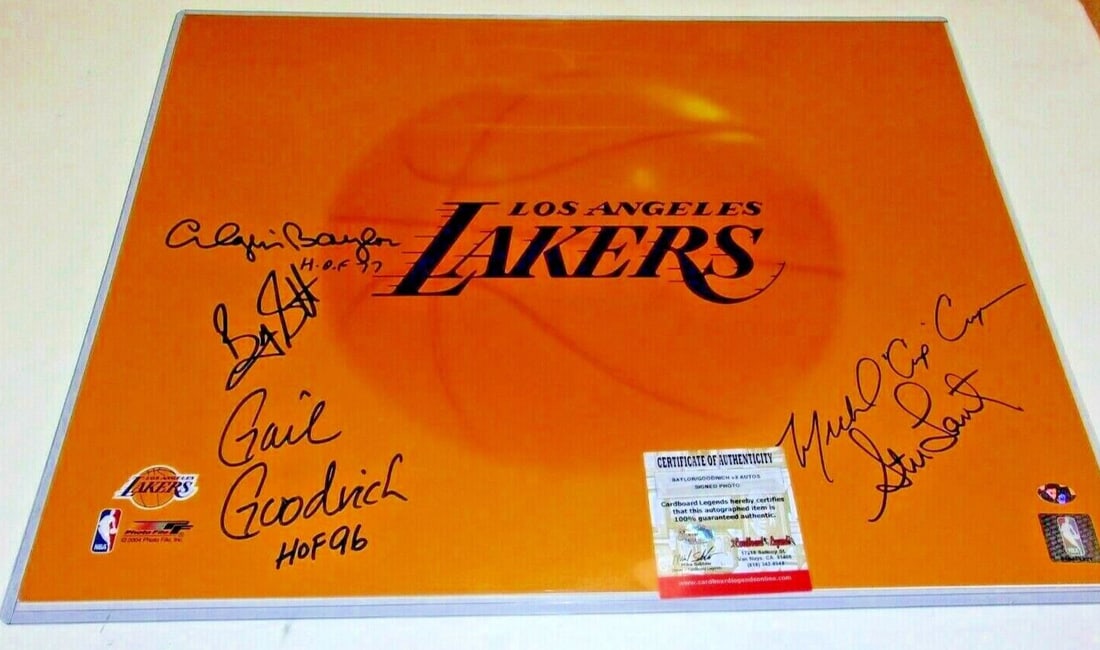 Elgin Baylor Gail Goodrich Byron Scott Signed 16x20 Lakers Photo with COA: Elgin Baylor Gail Goodrich Byron Scott Signed 16x20 Lakers Photo with COA This stunning 16x20 photo features the signatures of basketball legends Elgin Baylor, Gail Goodrich, Byron Scott, and Cooper,
