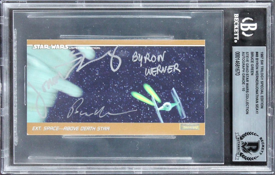 Star Wars Signed 1997 Trilogy Special Edition #48 Card Auto 10 Beckett: Star Wars Signed 1997 Trilogy Special Edition #48 Card Auto 10 Beckett This is a 1997 Star Wars Trilogy Special Edition #48 card, personally signed by Byron Werner, Jonathan Seay, and Bruce Green. Gra