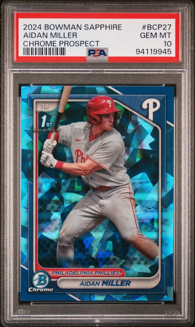 2024 Topps Bowman Sapphire Aidan Miller RC Baseball Card PSA 10: 2024 Topps Bowman Sapphire Aidan Miller RC Baseball Card PSA 10 This is a graded 2024 Topps Bowman Sapphire Aidan Miller #BCP27 rookie baseball card, featuring the talented player from the Philadelphi