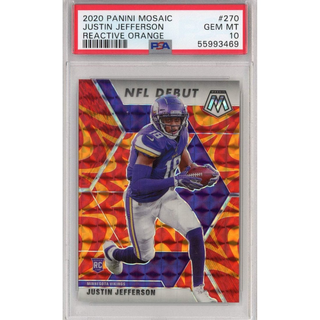 2020 Panini Mosaic Justin Jefferson #270 PSA 10 Reactive Orange Rookie Football Card: 2020 Panini Mosaic Justin Jefferson #270 PSA 10 Reactive Orange Rookie Football Card This is a graded 2020 Panini Mosaic Justin Jefferson #270 Reactive Orange Rookie Football Card, featuring a Gem Min