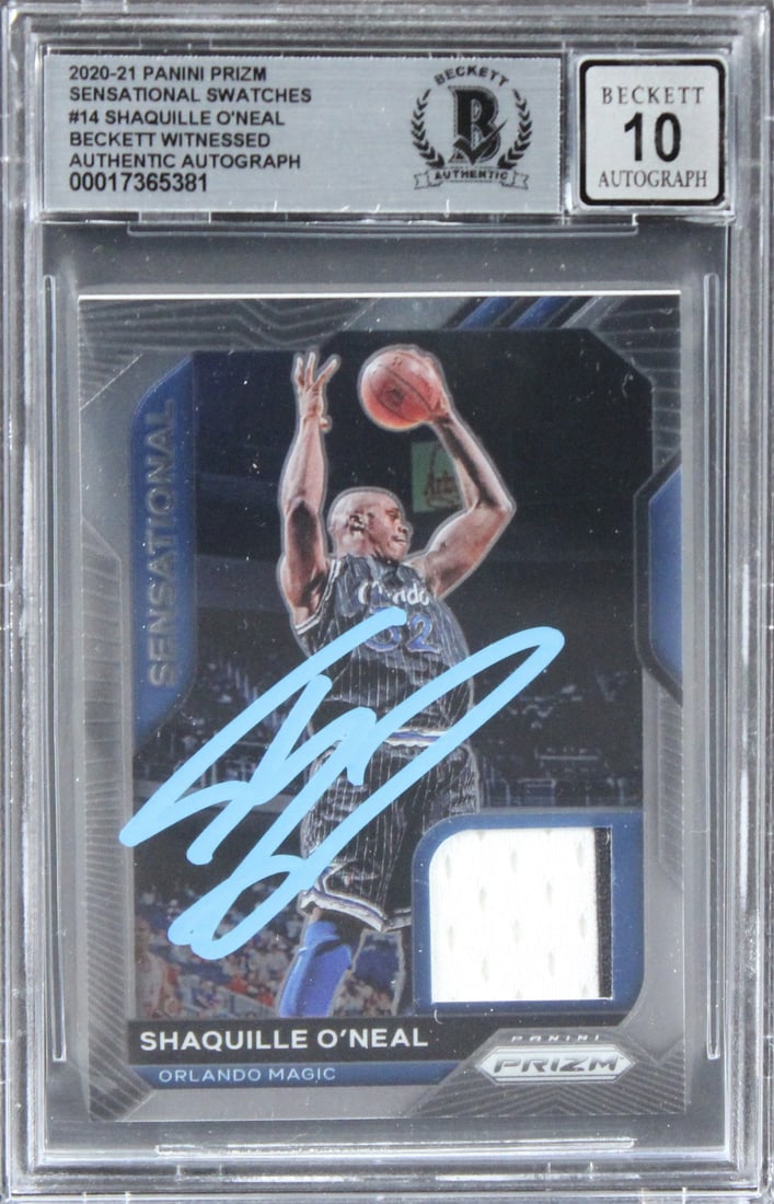 Shaquille O'Neal Signed 2020 Panini Prizm Card Gem Mint 10 Beckett: Shaquille O'Neal Signed 2020 Panini Prizm Card Gem Mint 10 Beckett This 2020 Panini Prizm Sensational Swatches #14 card features a stunning autograph from basketball legend Shaquille O'Neal, who playe