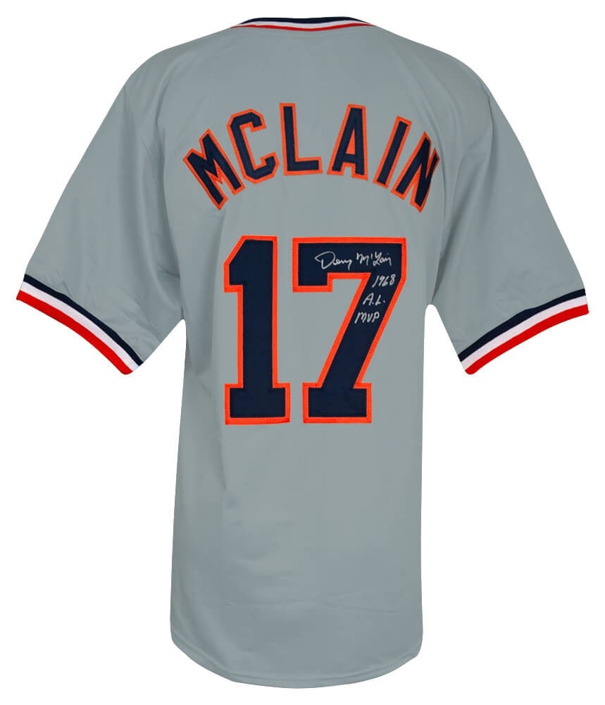Denny McLain Signed Grey Jersey with 68 AL MVP Inscription COA: Denny McLain Signed Grey Jersey with 68 AL MVP Inscription COA Denny McLain Signed Grey Jersey with 68 AL MVP Inscription COA This is a Denny McLain signed grey custom baseball jersey featuring the in