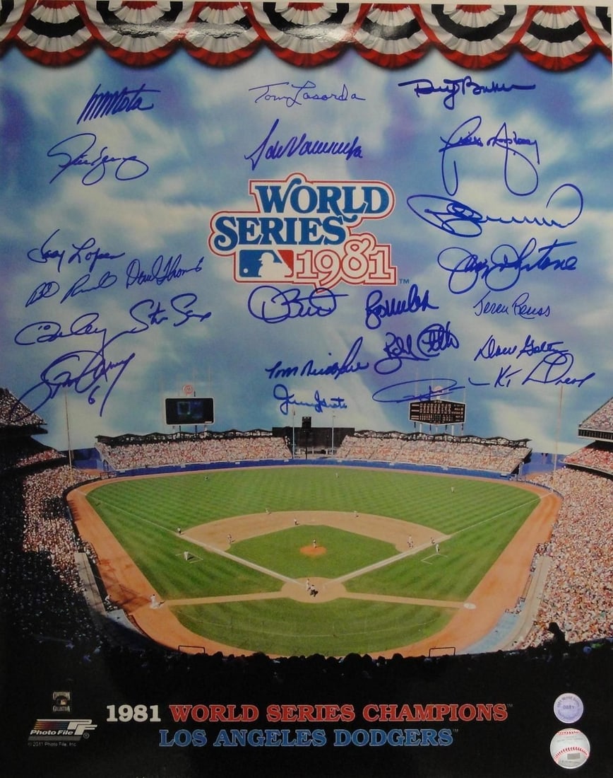 Rare 1981 Dodgers Team Signed 16x20 Photo with Valenzuela Lasorda Garvey Authenticated: Rare 1981 Dodgers Team Signed 16x20 Photo with Valenzuela Lasorda Garvey Authenticated This remarkable 1981 World Series team signed 16x20 photograph features legendary members of the Los Angeles Dodg