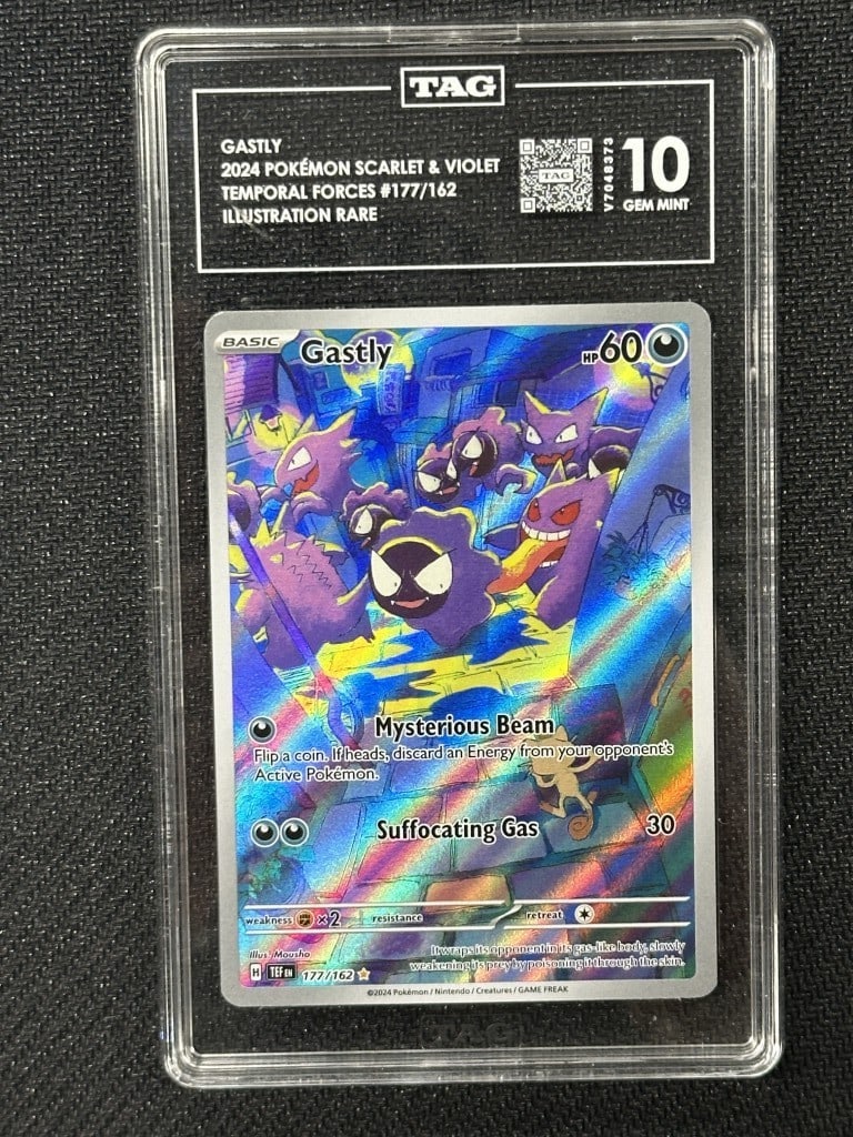 Gastly Pokemon Temporal Forces Rare Card TAG 10 #177/162: Gastly Pokemon Temporal Forces Rare Card TAG 10 #177/162 This is a rare Gastly Pokemon card from the Temporal Forces series, known for its collectible artwork and high-grade quality. The card, numbere