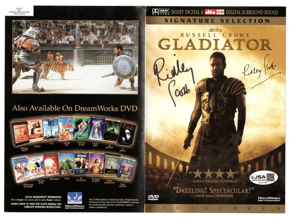 Ridley Scott Autographed Gladiator DVD Cover JSA Certified: Ridley Scott Autographed Gladiator DVD Cover JSA Certified This is an original DVD cover for the acclaimed film 'Gladiator,' personally signed by director Ridley Scott. The autograph has been authenti