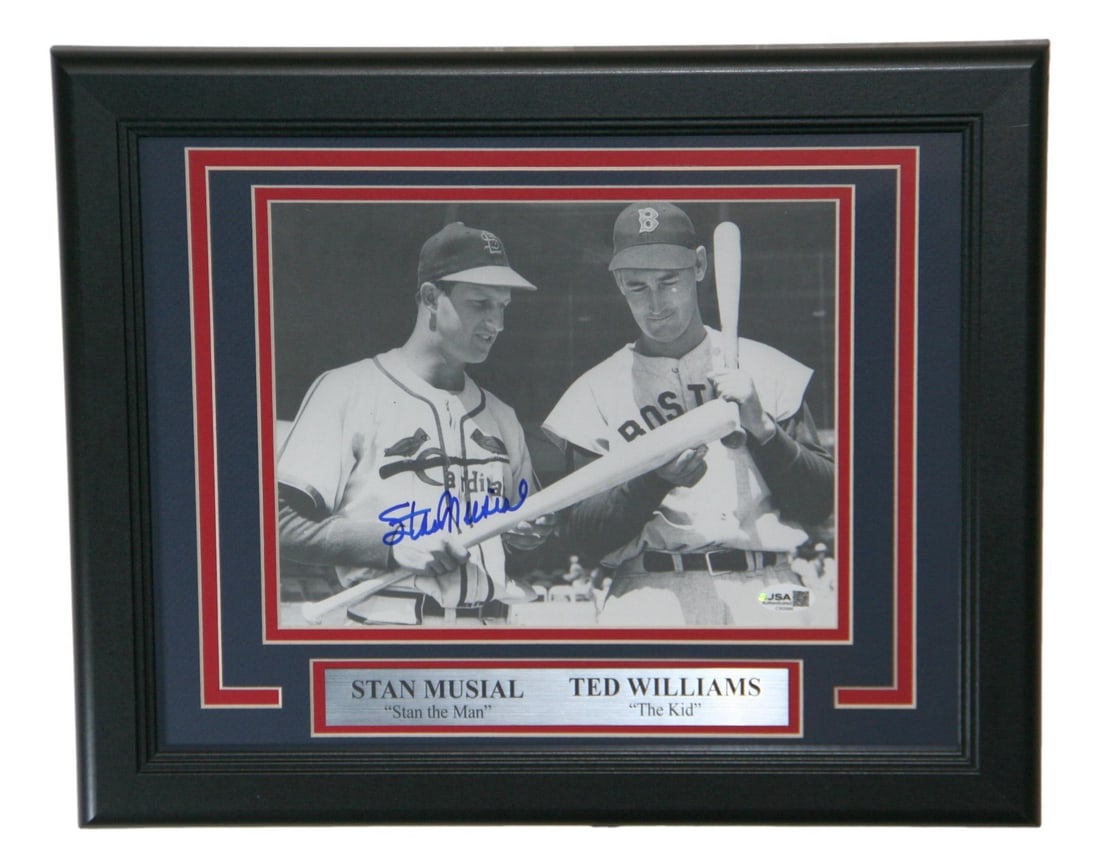 Stan Musial Signed Framed 8x10 Photo with Ted Williams JSA Authenticated: Stan Musial Signed Framed 8x10 Photo with Ted Williams JSA Authenticated This is an original autographed 8x10 photo featuring baseball legends Stan Musial and Ted Williams. The photo is authenticated