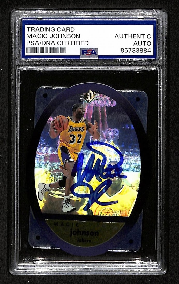 Magic Johnson Autographed 1996-97 SPX Basketball Card 24 PSA/DNA Authenticated: Magic Johnson Autographed 1996-97 SPX Basketball Card 24 PSA/DNA Authenticated This is an original 1996-97 Upper Deck SPX basketball card featuring Magic Johnson. The card is signed/autographed by Mag