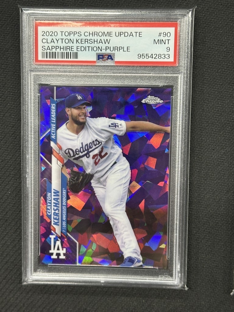 Clayton Kershaw 2020 Topps Chrome Update Purple Sapphire PSA 9 #90: Clayton Kershaw 2020 Topps Chrome Update Purple Sapphire PSA 9 #90 This is a 2020 Topps Chrome Update Purple Sapphire baseball card featuring Clayton Kershaw, a star pitcher for the Los Angeles Dodger