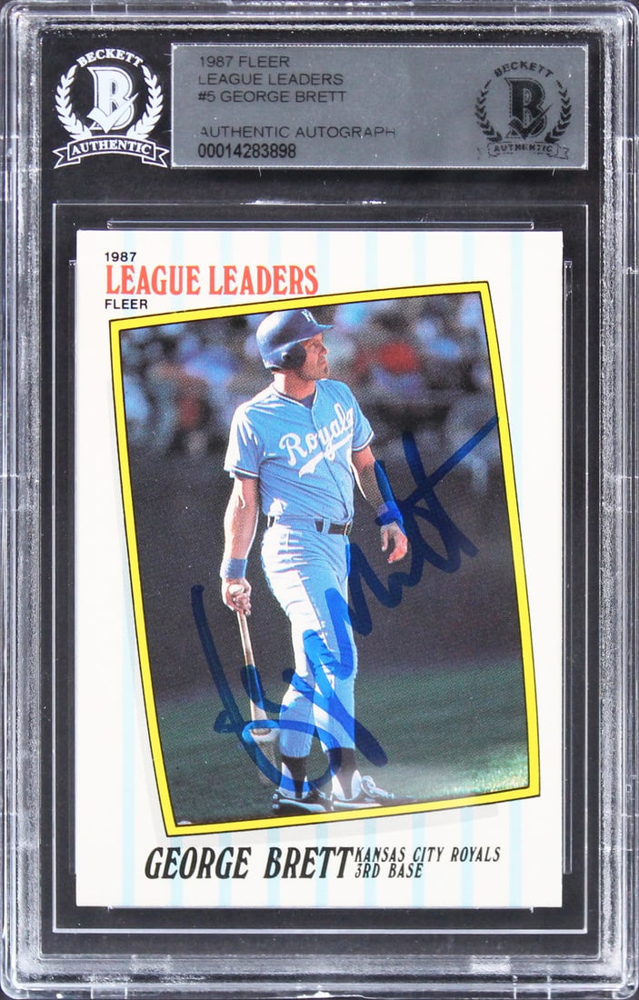 George Brett Signed 1987 Fleer League Leaders #5 Card Beckett Authenticated: George Brett Signed 1987 Fleer League Leaders #5 Card Beckett Authenticated This autographed 1987 Fleer League Leaders #5 card features the signature of George Brett, a legendary player of the Kansas