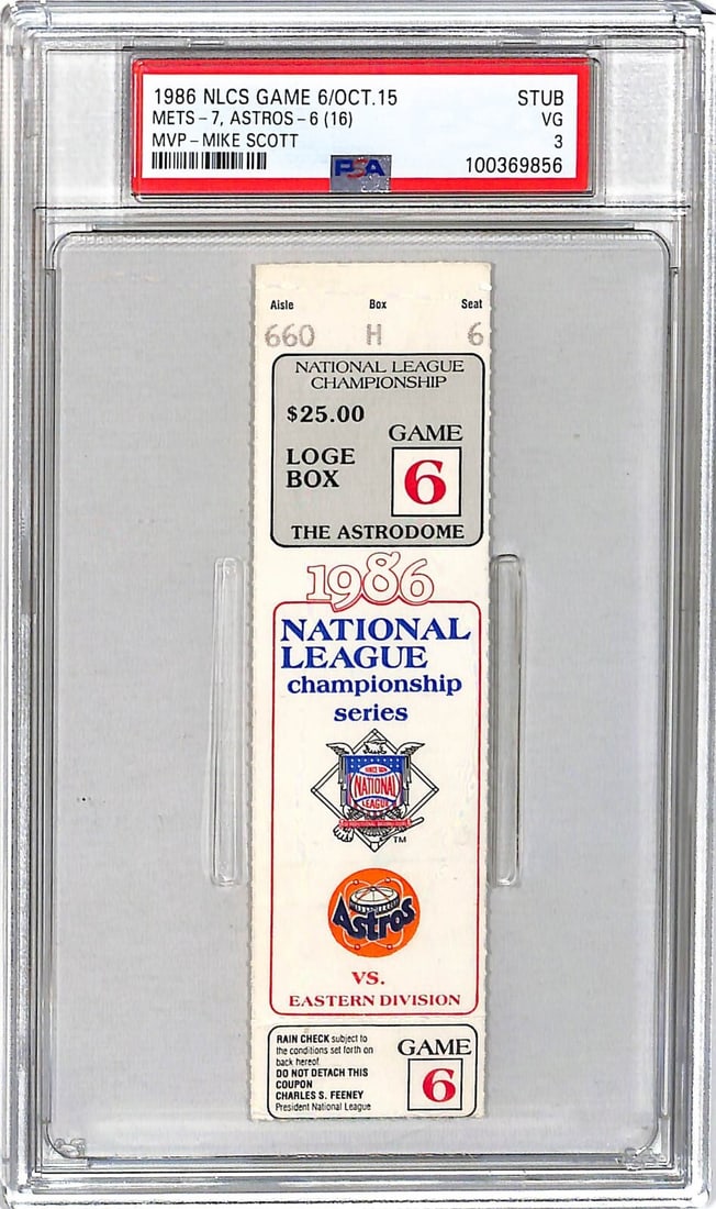 1986 NLCS Ticket Stub Mets vs Astros Mike Scott MVP PSA 3: 1986 NLCS Ticket Stub Mets vs Astros Mike Scott MVP PSA 3 This is an original ticket stub from the 1986 National League Championship Series (NLCS) featuring the Houston Astros against the New York Met