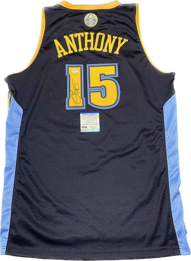 Carmelo Anthony Autographed Denver Nuggets Jersey PSA/DNA Authentic: Carmelo Anthony Autographed Denver Nuggets Jersey PSA/DNA Authentic This original stitched jersey, signed by Carmelo Anthony, celebrates his legacy with the Denver Nuggets. The autograph has been auth
