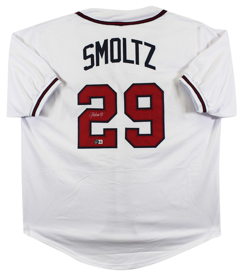 John Smoltz Signed Atlanta Braves White Jersey with Silver Signature BAS Authenticated: John Smoltz Signed Atlanta Braves White Jersey with Silver Signature BAS Authenticated This authentic John Smoltz signed white pro style jersey features a stunning silver signature, personally signed