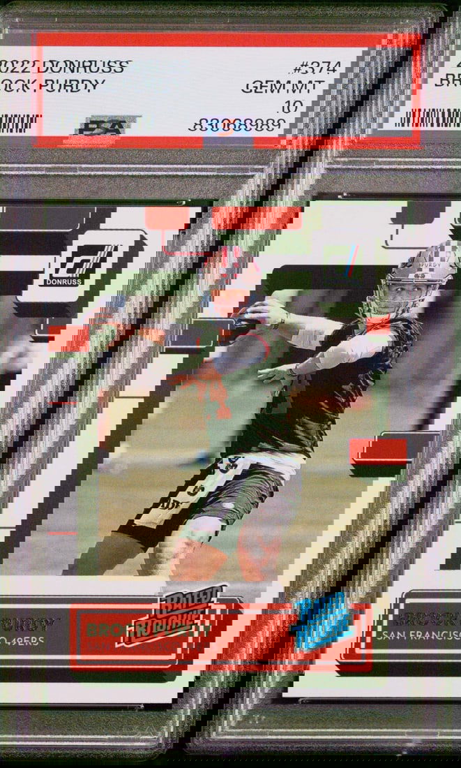 2022 Panini Donruss Brock Purdy Rookie #374 PSA 10 Football Card: 2022 Panini Donruss Brock Purdy Rookie #374 PSA 10 Football Card This listing features a 2022 Panini Donruss Brock Purdy #374 Rookie RC Football Card, graded PSA 10 Gem. The card is encapsulated for