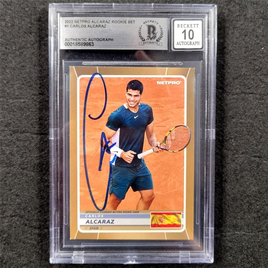2022 Carlos Alcaraz Rookie Signed Card Beckett BAS 10: 2022 Carlos Alcaraz Rookie Signed Card Beckett BAS 10 This is a 2022 Netpro Carlos Alcaraz Rookie Set #1 signed rookie card, featuring an authentic hard-signed autograph. The card has been graded by