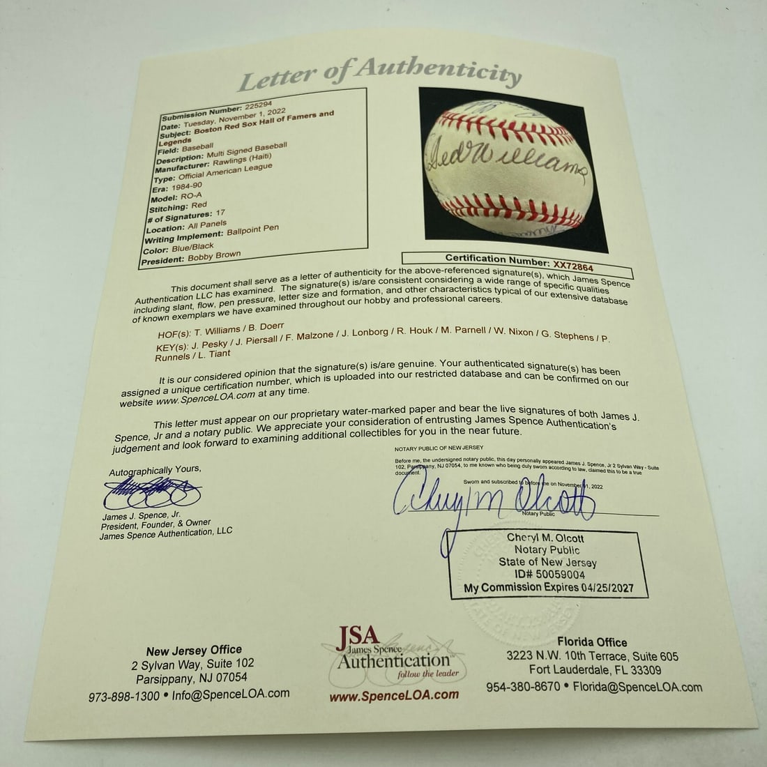 Ted Williams Multi Signed Red Sox Baseball with JSA Authentication - 3