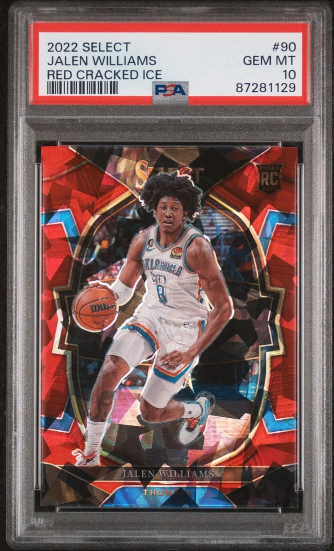 2022 Select Jalen Williams #90 Red Cracked Ice RC PSA 10 Basketball Card: 2022 Select Jalen Williams #90 Red Cracked Ice RC PSA 10 Basketball Card This is a graded 2022 Select Jalen Williams #90 Red Cracked Ice Rookie Card, graded PSA 10. The card features Jalen Williams of