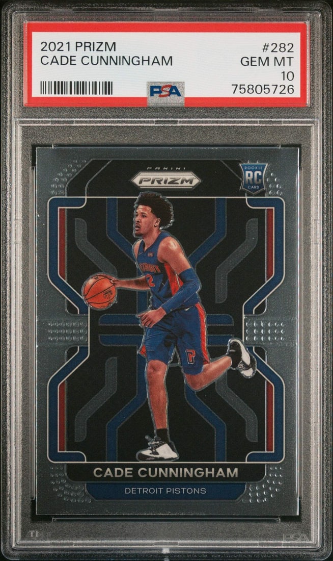 2021 Panini Prizm Cade Cunningham Rookie Card PSA 10 NBA: 2021 Panini Prizm Cade Cunningham Rookie Card PSA 10 NBA This is a graded 2021 Panini Prizm Cade Cunningham #282 Rookie RC Basketball Card, receiving a perfect PSA grade of 10. The card features Cade