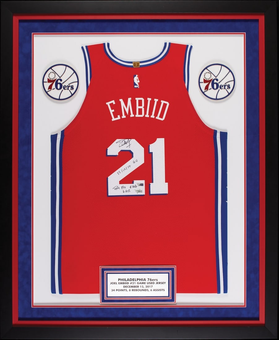Joel Embiid Signed Game-Used Jersey 76ers with Fanatics COA: Joel Embiid Signed Game-Used Jersey 76ers with Fanatics COA This authentic Joel Embiid game-used jersey from the Philadelphia 76ers is a remarkable collectible for basketball fans. The jersey was worn