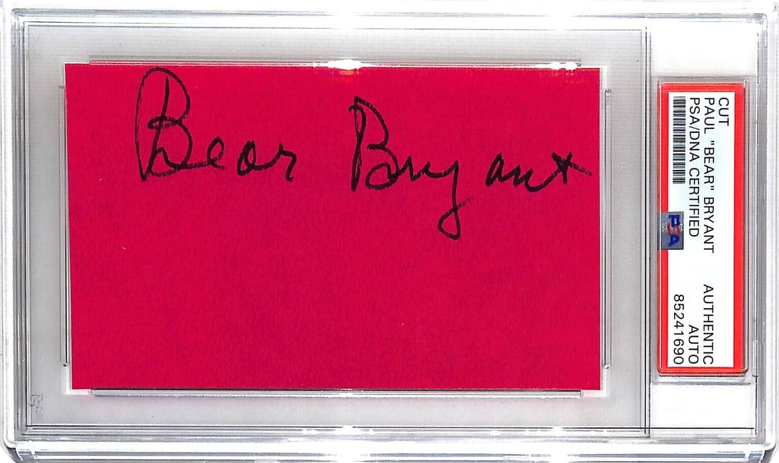 Paul Bear Bryant Autographed 3x5 Cut Alabama PSA Certified: Paul Bear Bryant Autographed 3x5 Cut Alabama PSA Certified This item features a 3x5 cut signed by the legendary football coach Paul "Bear" Bryant, known for his impactful tenure with the Alabama Crims