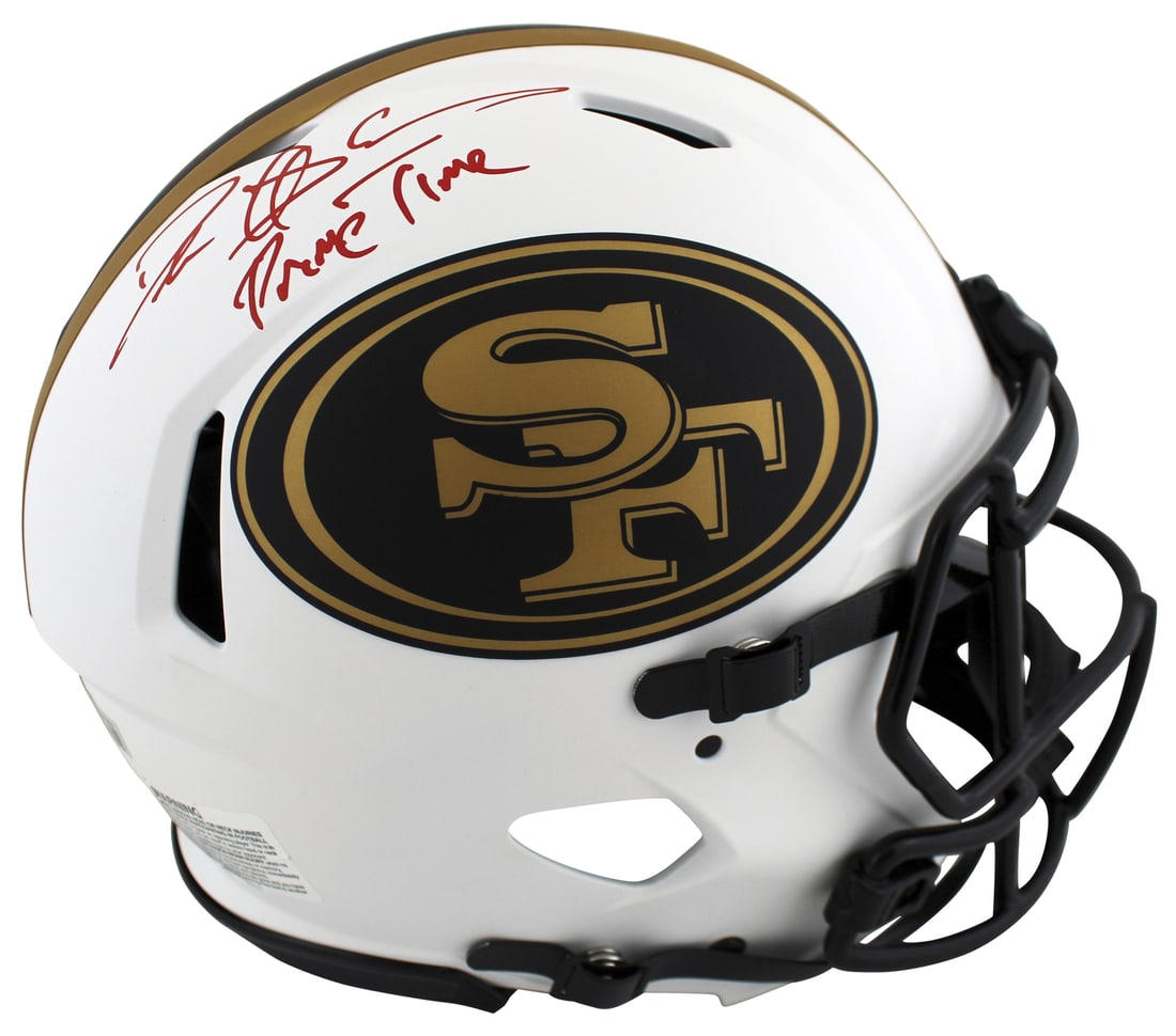 Deion Sanders Signed 49ers Lunar Helmet with Primetime Inscription BAS Authenticated: Deion Sanders Signed 49ers Lunar Helmet with Primetime Inscription BAS Authenticated This authentic full-size Speed Proline helmet features the iconic Deion Sanders autograph along with his "Primetime