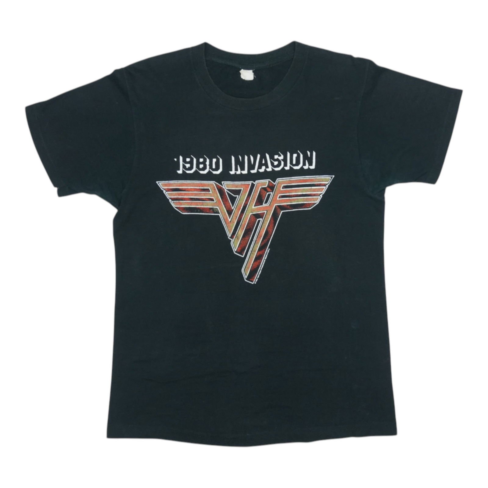 Vintage 1980s Van Halen Invasion Concert Black T-Shirt Poly Cotton: Vintage 1980s Van Halen Invasion Concert Black T-Shirt Poly Cotton This is an original vintage 1980s Van Halen Invasion Tour shirt featuring front and back graphics. The shirt is made from a 50/50 pol