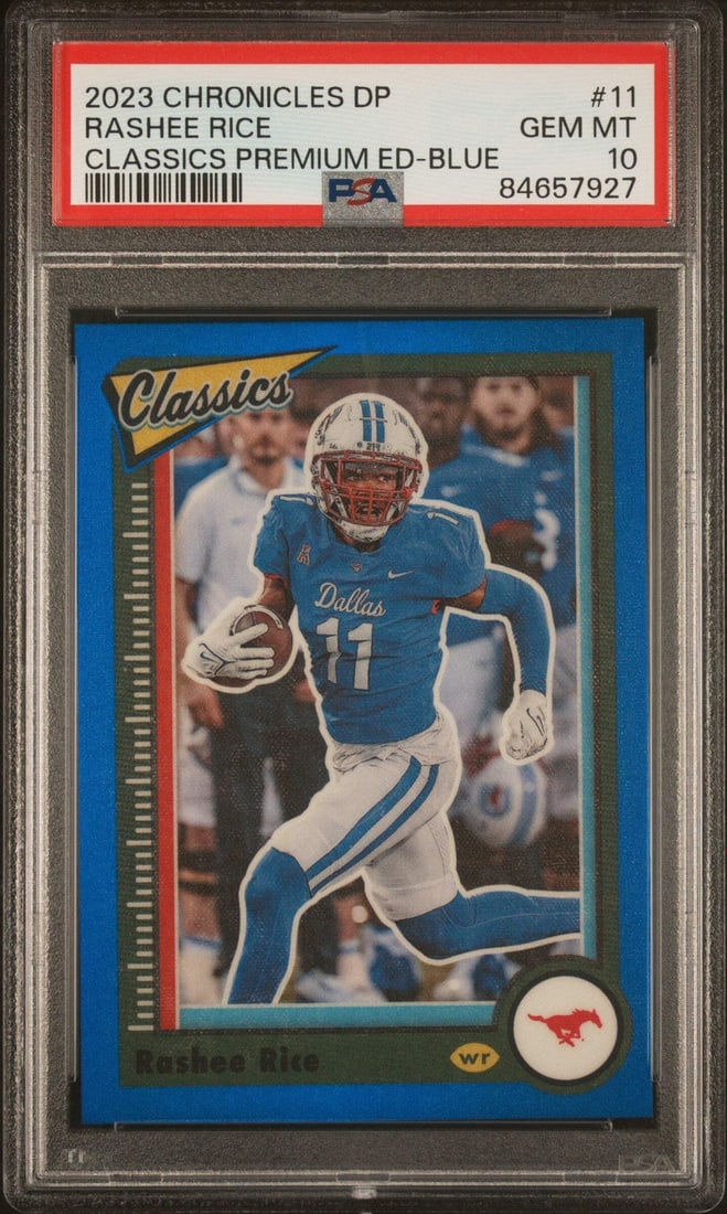 2023 Chronicles Rashee Rice #11 Blue #/99 Graded PSA10 NFL Card: 2023 Chronicles Rashee Rice #11 Blue #/99 Graded PSA10 NFL Card This is a graded 2023 Chronicles Rashee Rice #11 Classics Premium Edition Blue trading card, limited to a print run of 99. The card feat