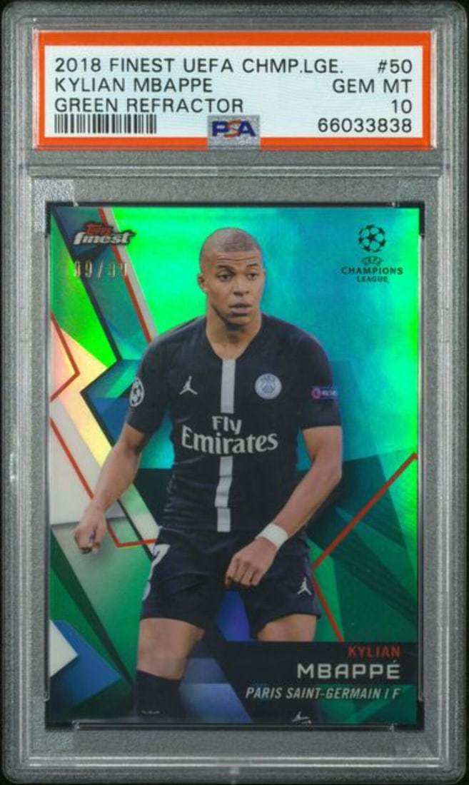 2018 Topps Finest UCL Kylian Mbappe Green Refractor /99 PSA 10 Card: 2018 Topps Finest UCL Kylian Mbappe Green Refractor /99 PSA 10 Card This is a graded 2018 Topps Finest UCL Kylian Mbappe #50 Green Refractor card, limited to just 99 copies. The card features the tale