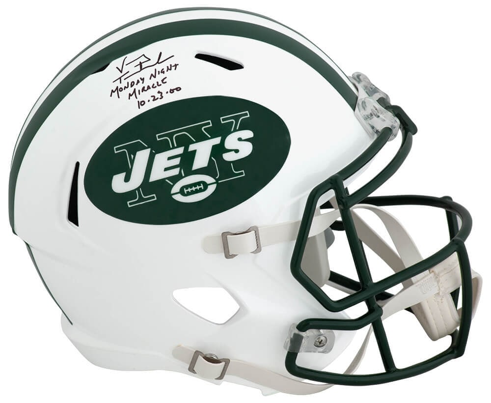 Vinny Testaverde Signed Jets Full Size Helmet with Monday Night Miracle Inscription: Vinny Testaverde Signed Jets Full Size Helmet with Monday Night Miracle Inscription This Vinny Testaverde signed full-size replica helmet is a must-have for any New York Jets fan. The white throwback