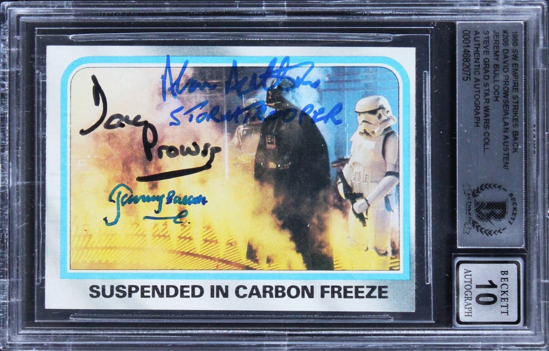 Beckett Slabbed Star Wars ESB Card Signed by Prowse Bulloch Austen Auto 10 Set of 3: Beckett Slabbed Star Wars ESB Card Signed by Prowse Bulloch Austen Auto 10 Set of 3 This 1980 Star Wars ESB #206 trading card has been personally signed by David Prowse, Alan Austen, and Jeremy Bulloc
