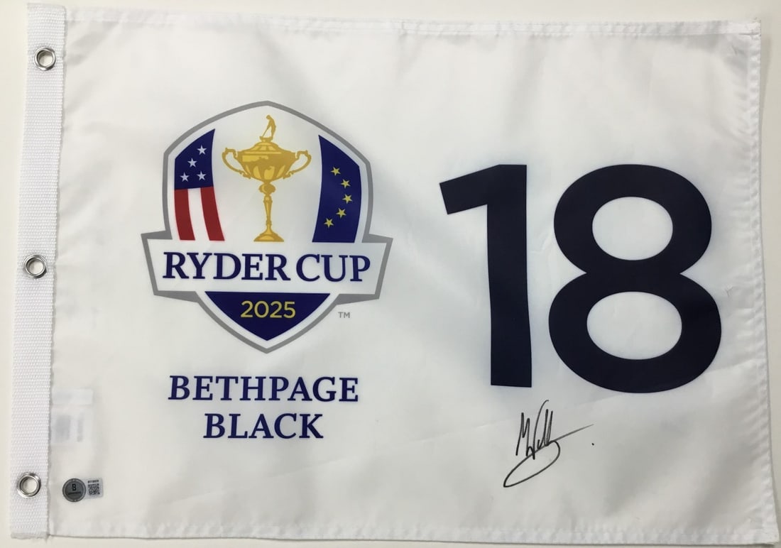 Matt Wallace Signed 2025 Ryder Cup Pin Flag Beckett Authenticated: Matt Wallace Signed 2025 Ryder Cup Pin Flag Beckett Authenticated Officially licensed 2025 Ryder Cup Bethpage Black 18 Pin Flag signed by PGA professional Matt Wallace. This unique collectible feature