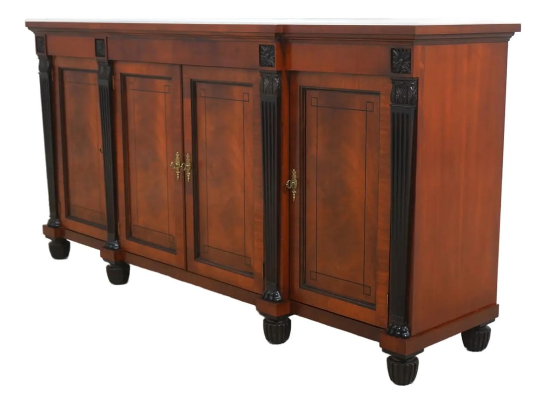Baker Neoclassical Mahogany Sideboard with Ebonized Accents: Baker Neoclassical Mahogany Sideboard with Ebonized Accents This exquisite Baker Neoclassical Sideboard features a stunning mahogany construction with ebonized details, showcasing a blend of elegance