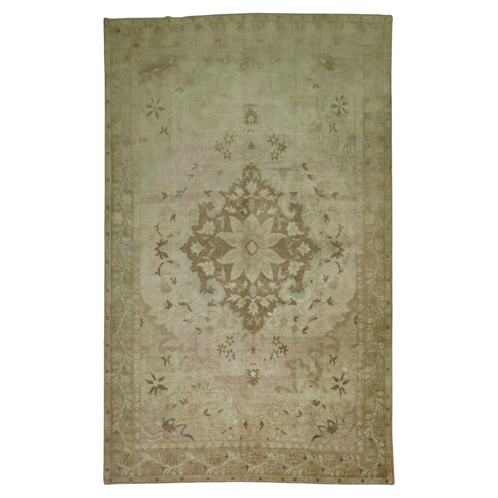 Zabihi Collection Vintage Turkish Rug Soft Pink Hand-Knotted 7'11'' x 12'1'': Zabihi Collection Vintage Turkish Rug Soft Pink Hand-Knotted 7'11'' x 12'1'' This exquisite vintage Turkish rug features a charming central medallion set against a soft pink field, embodying a