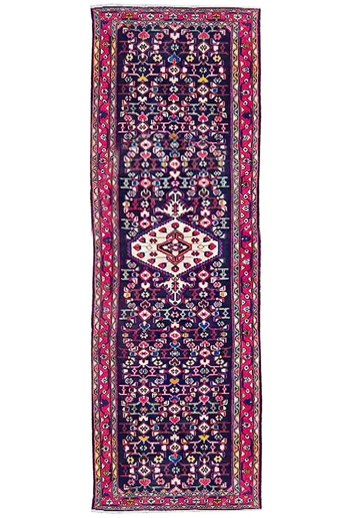 Handcrafted Eggplant Purple 3.6x13.8 Semi-Antique Persian Hamadan Runner: Handcrafted Eggplant Purple 3.6x13.8 Semi-Antique Persian Hamadan Runner Free continental US Shipping Introducing a captivating Eggplant Purple Semi-Antique Persian Hamadan Runner, meticulously handwo