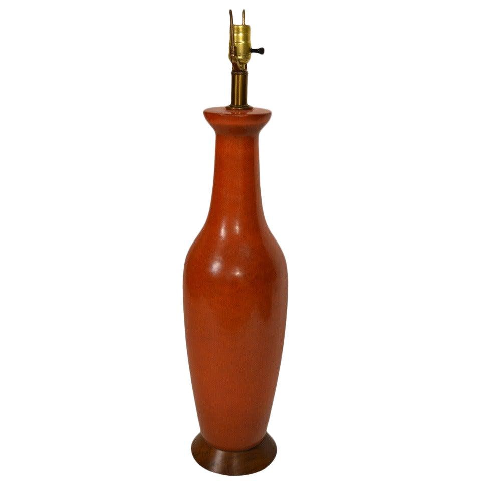 Mid-Century Orange Pottery Lamp with Walnut Base 38 inches (1 of 8)