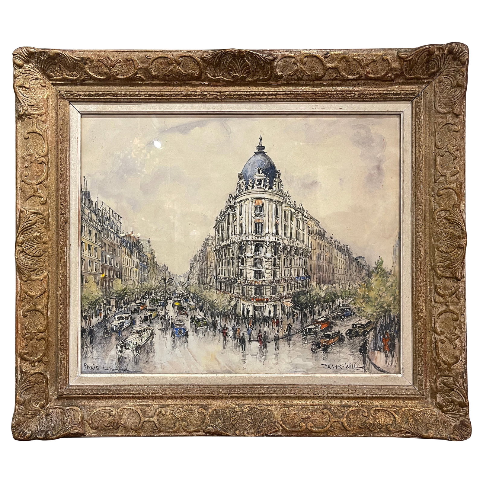 Frank Will Early 20th Century Watercolor Paris Les Boulevards Giltwood Frame: Frank Will Early 20th Century Watercolor Paris Les Boulevards Giltwood Frame This stunning early 20th-century watercolor, titled "Paris Les Boulevards," is a signed work by Frank Will, showcasing the