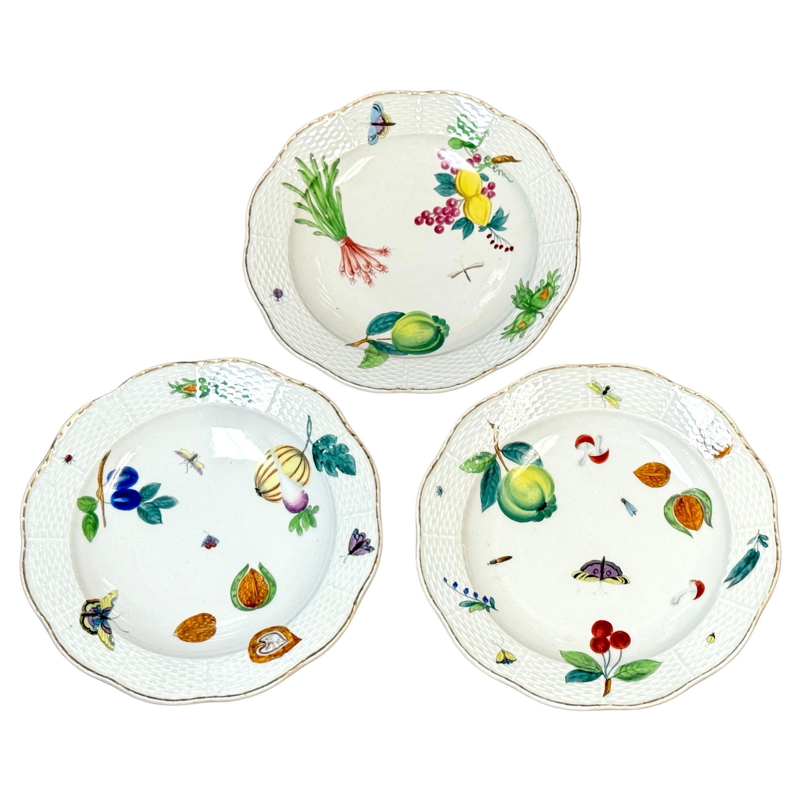 Set of 3 19th Century Hand-Painted Continental Porcelain Plates with Fruit and Insect Motifs (1 of 16)