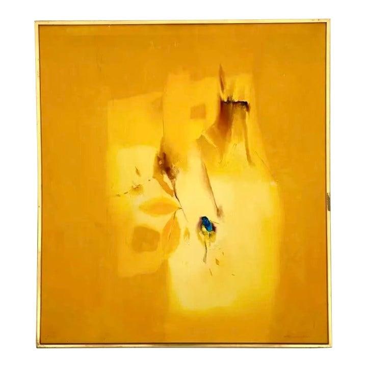 Abstract Artwork Birthday of the Bird Framed in Gold: Abstract Artwork Birthday of the Bird Framed in Gold This vintage abstract painting, titled "Birthday of the Bird," features a harmonious composition of golden yellow tones, ranging from deep ochre to