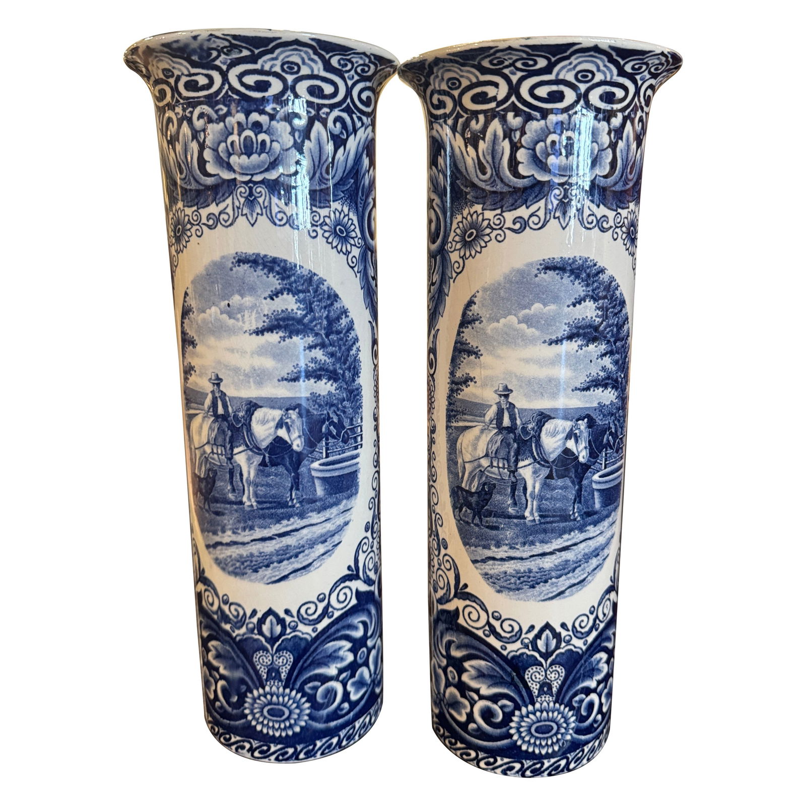 Set of Two Dutch Delft Style Faience Vases Pastoral Blue White Hand Painted (1 of 7)
