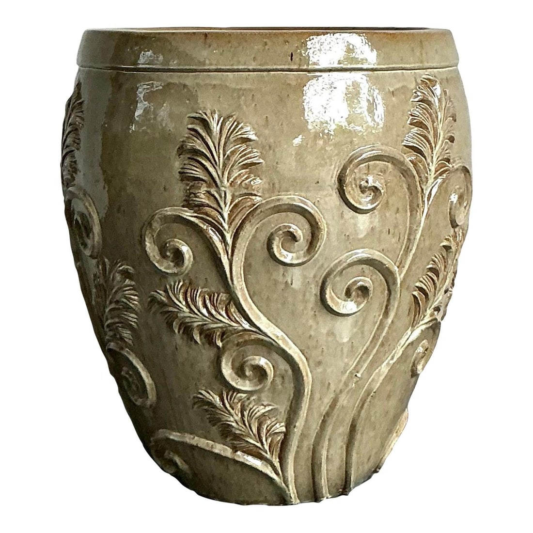 Monumental Hand-Glazed Ceramic Planter With Sculpted Botanical Relief Design (1 of 7)