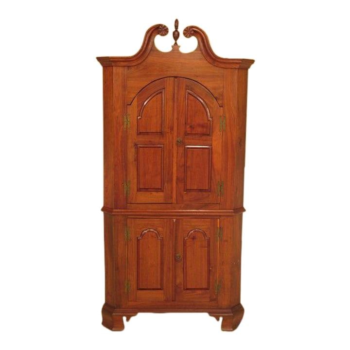Custom Chippendale Walnut Corner Cabinet with Pediment and Brass Hardware (1 of 10)